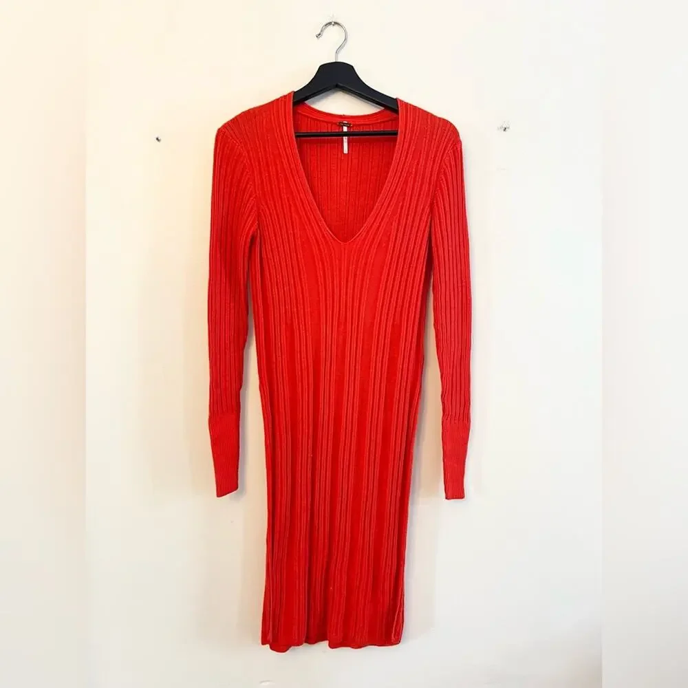 FREE PEOPLE red orange Ribbed Knit dress tunic V-neck Side Slit Sweater cotton